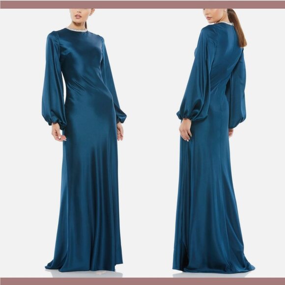NWT IEENA Mac Duggal [ 10 ] Satin Long Blouson Sleeve Gown Sapphire Blue‎ #Q477 - Picture 2 of 16